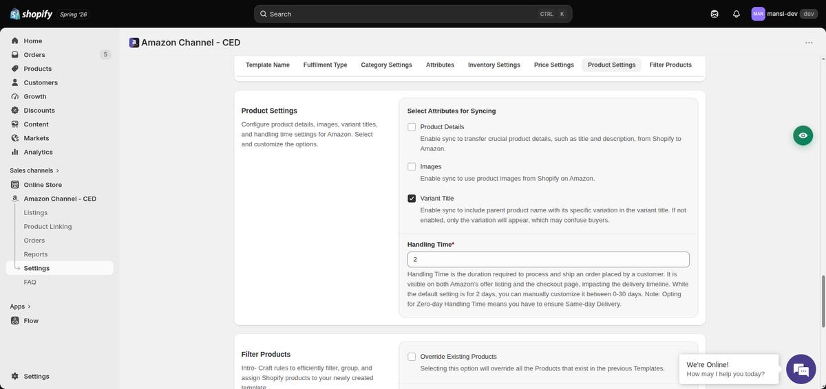 Product Settings section showing Product Details, Images, and Variant Title sync toggles plus Handling Time field