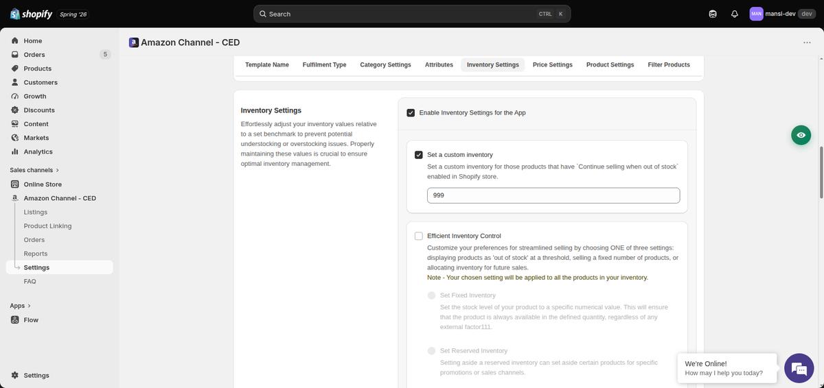 Inventory Settings section with custom inventory, Efficient Inventory Control modes, and warehouse picker