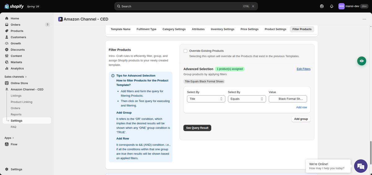 Advanced Selection panel with Group, Row, Select By field, operator, value, and See Query Result button