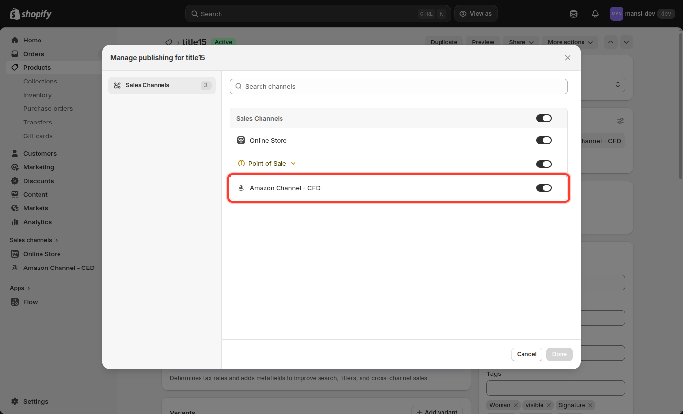 Manage publishing modal with Amazon Channel - CED highlighted