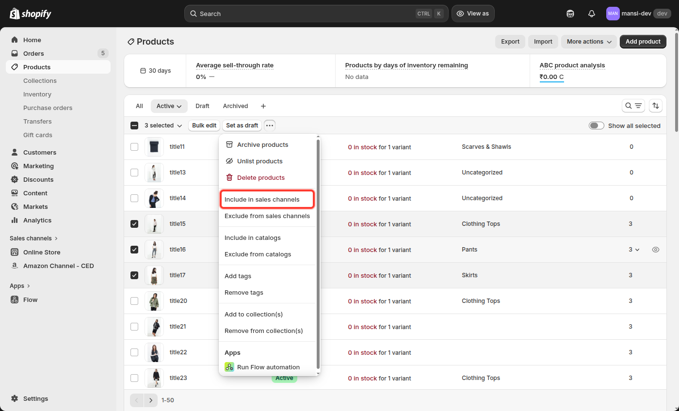 Bulk Actions dropdown with Include in sales channels highlighted