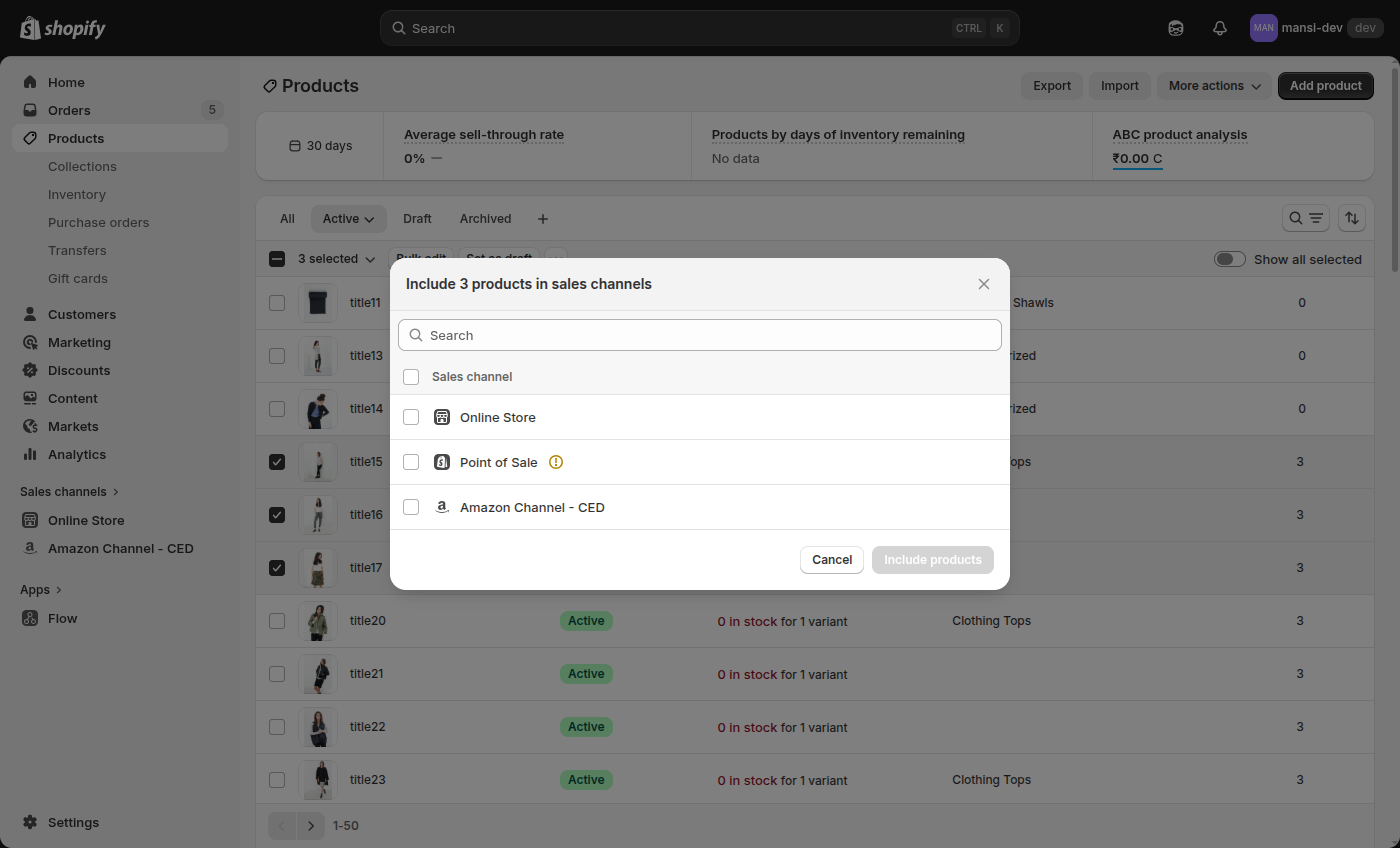 Include in sales channels bulk modal showing Amazon Channel - CED