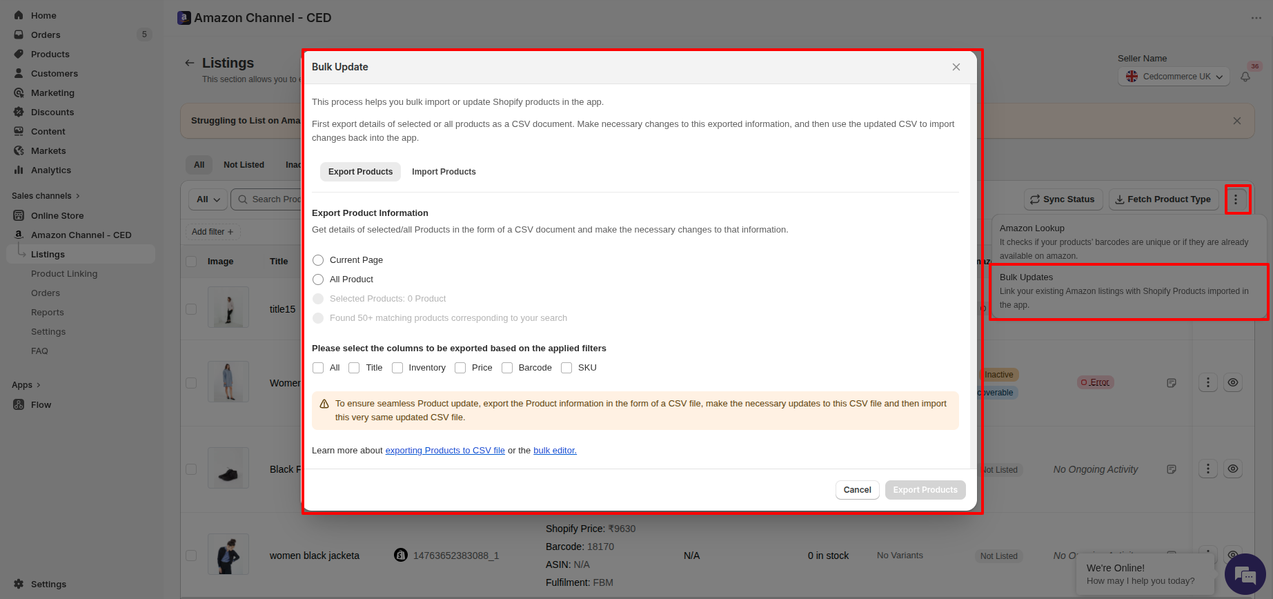 Bulk Update dialog open with Export Products and Import Products tabs