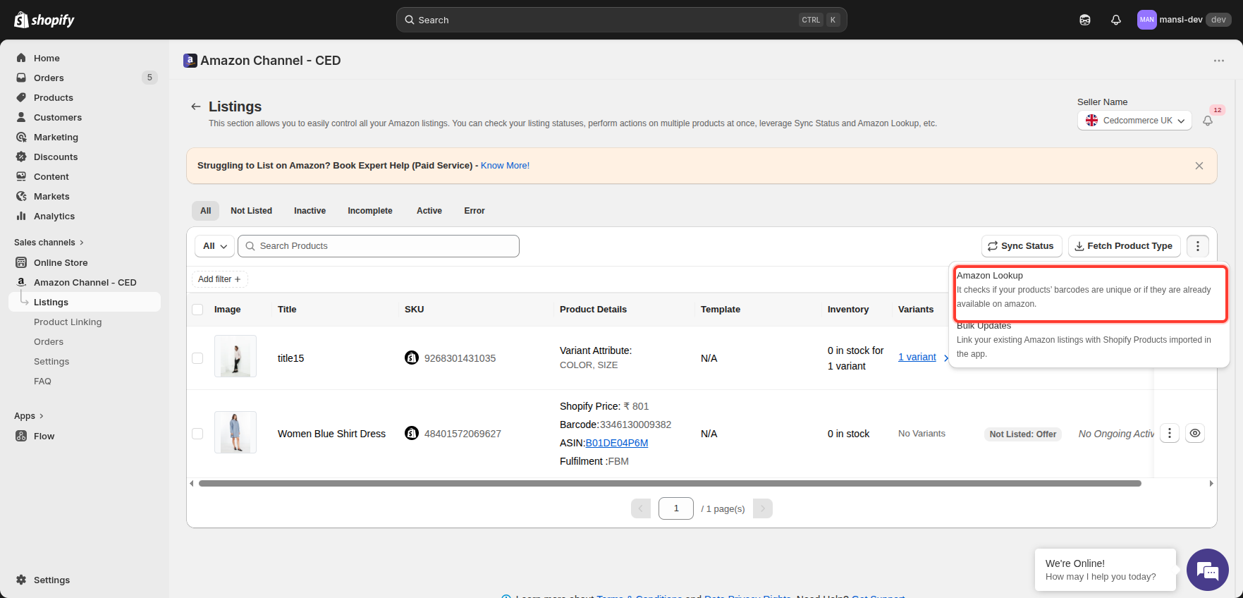 Three-dot menu showing Amazon Lookup option for the full catalog