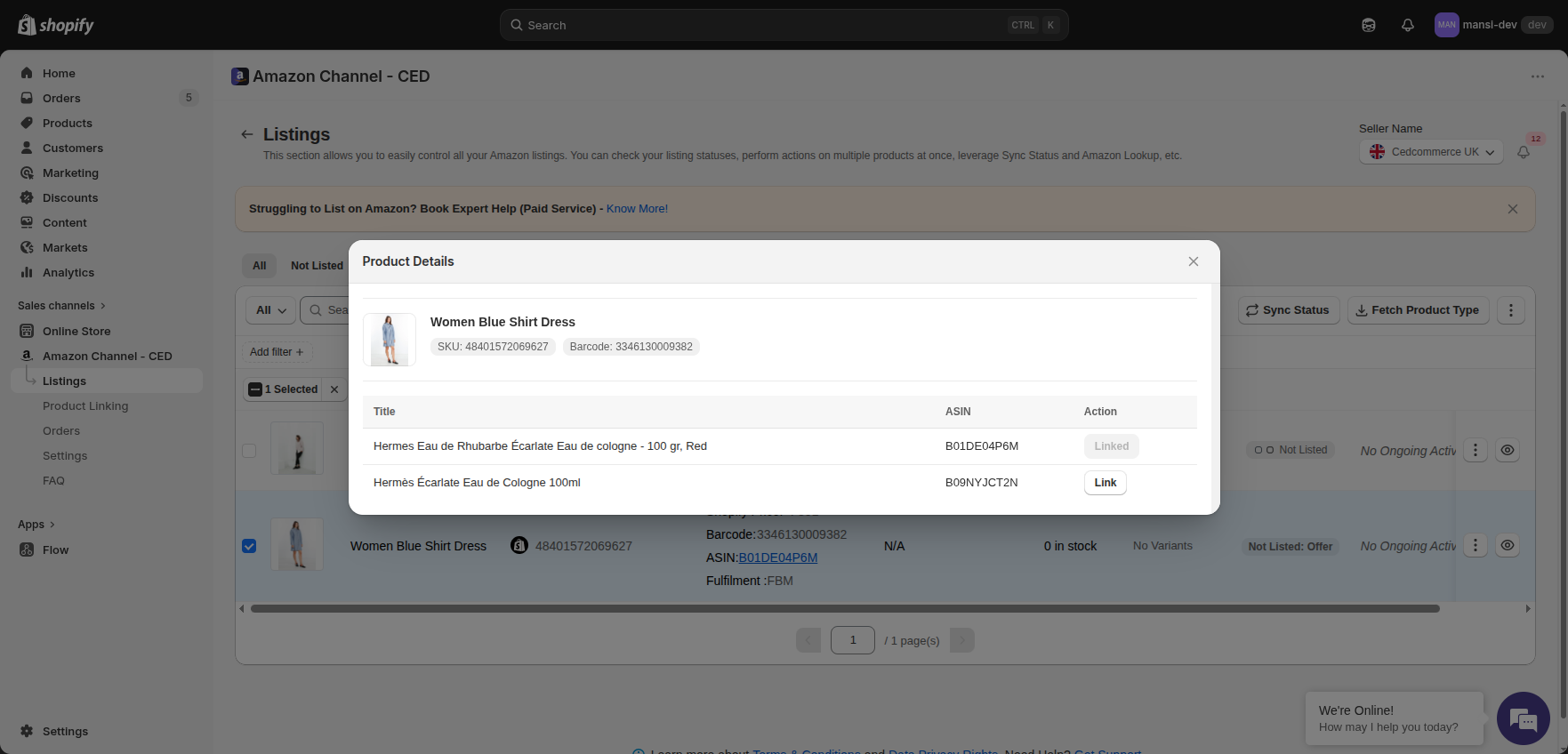 Multi Offer Listing modal showing matching ASINs with Link buttons