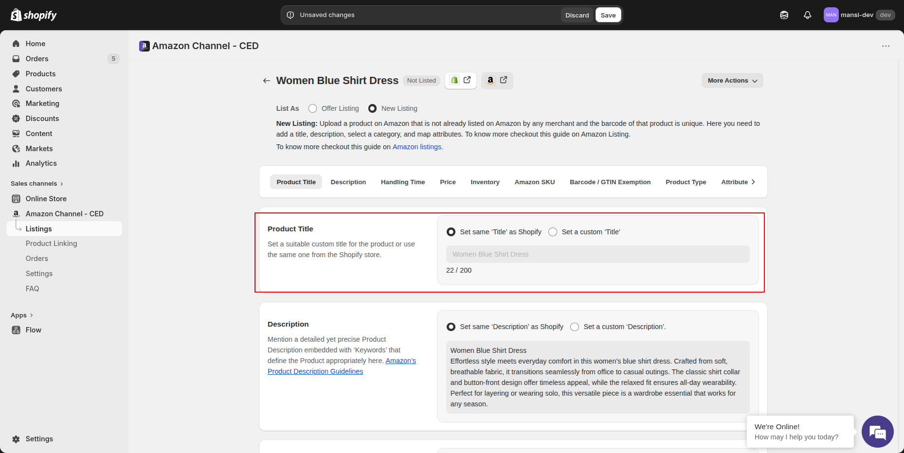 Product Title section with Shopify title and custom title options
