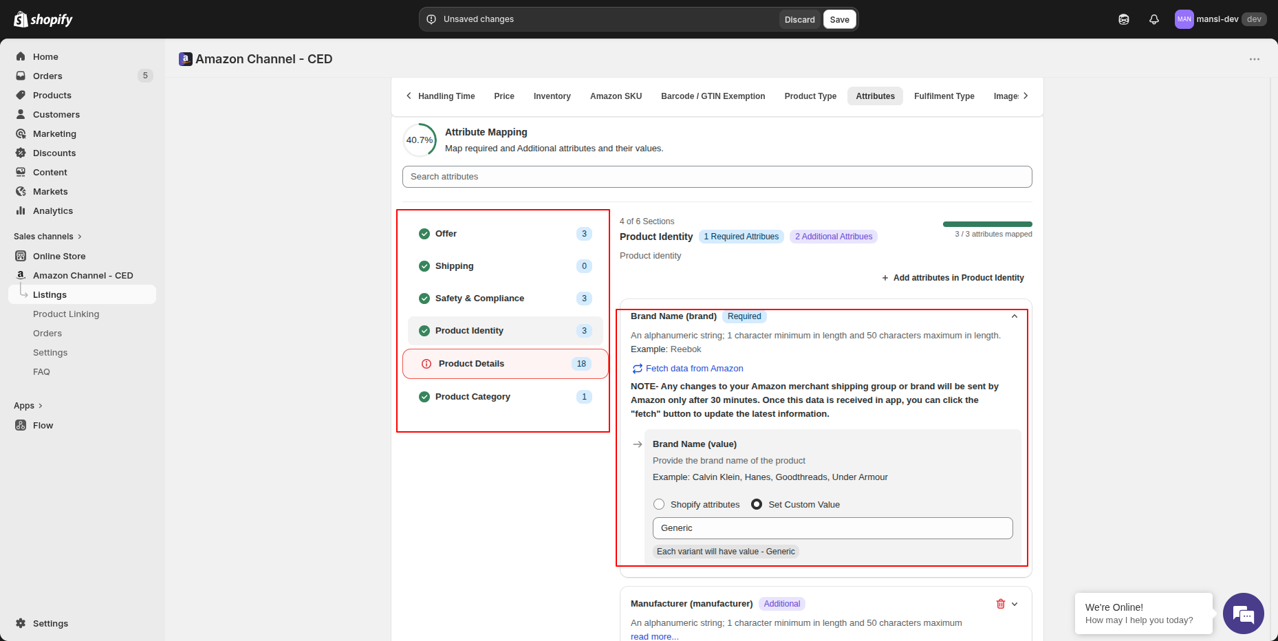 Brand Name attribute with Set Custom Value option