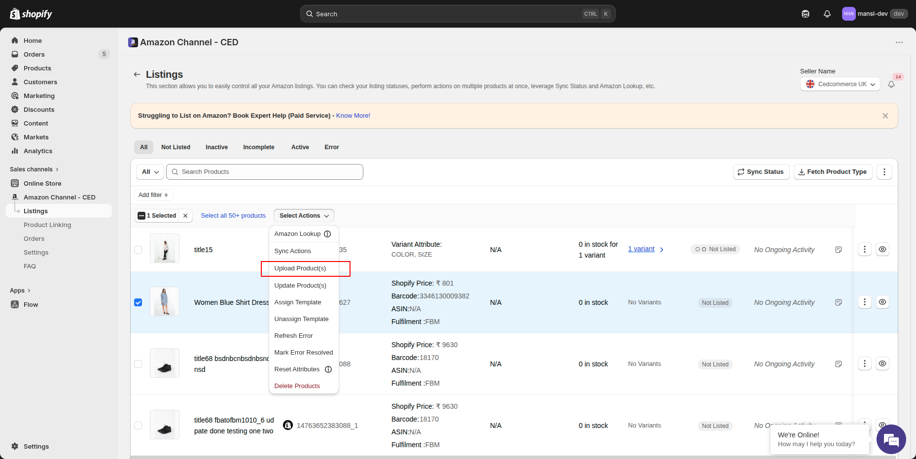 Select Actions dropdown on the Listings page with Upload Product(s) highlighted