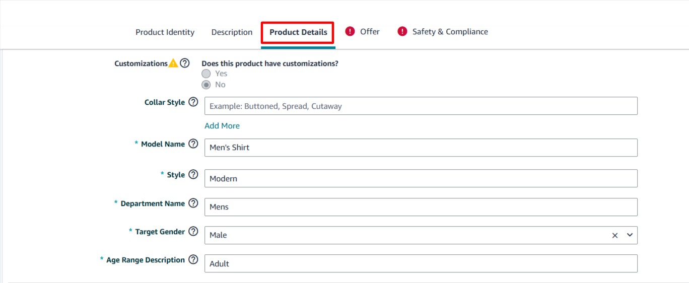 Product Details section