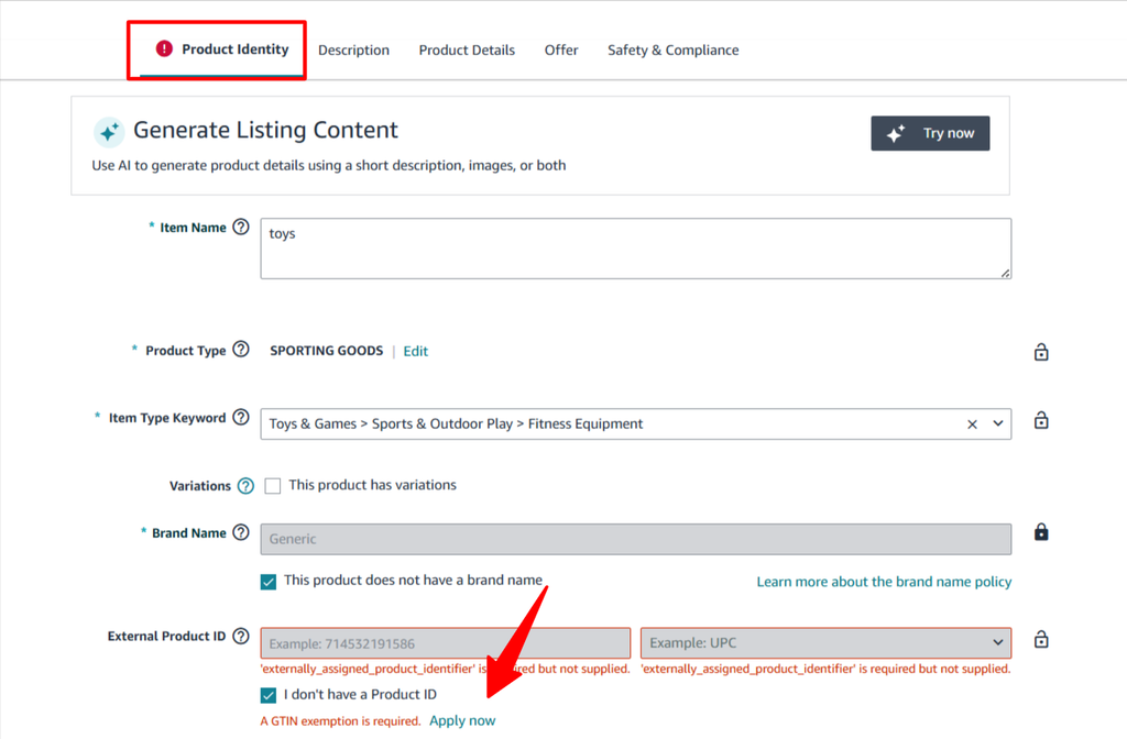 Product Identity highlighted with Apply now