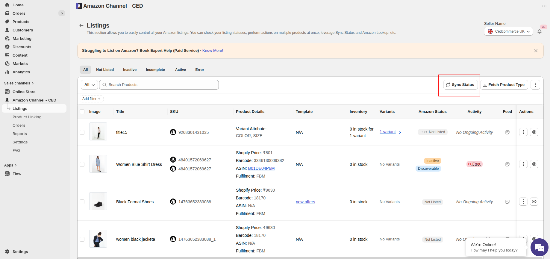 Sync Status button on the Listings toolbar