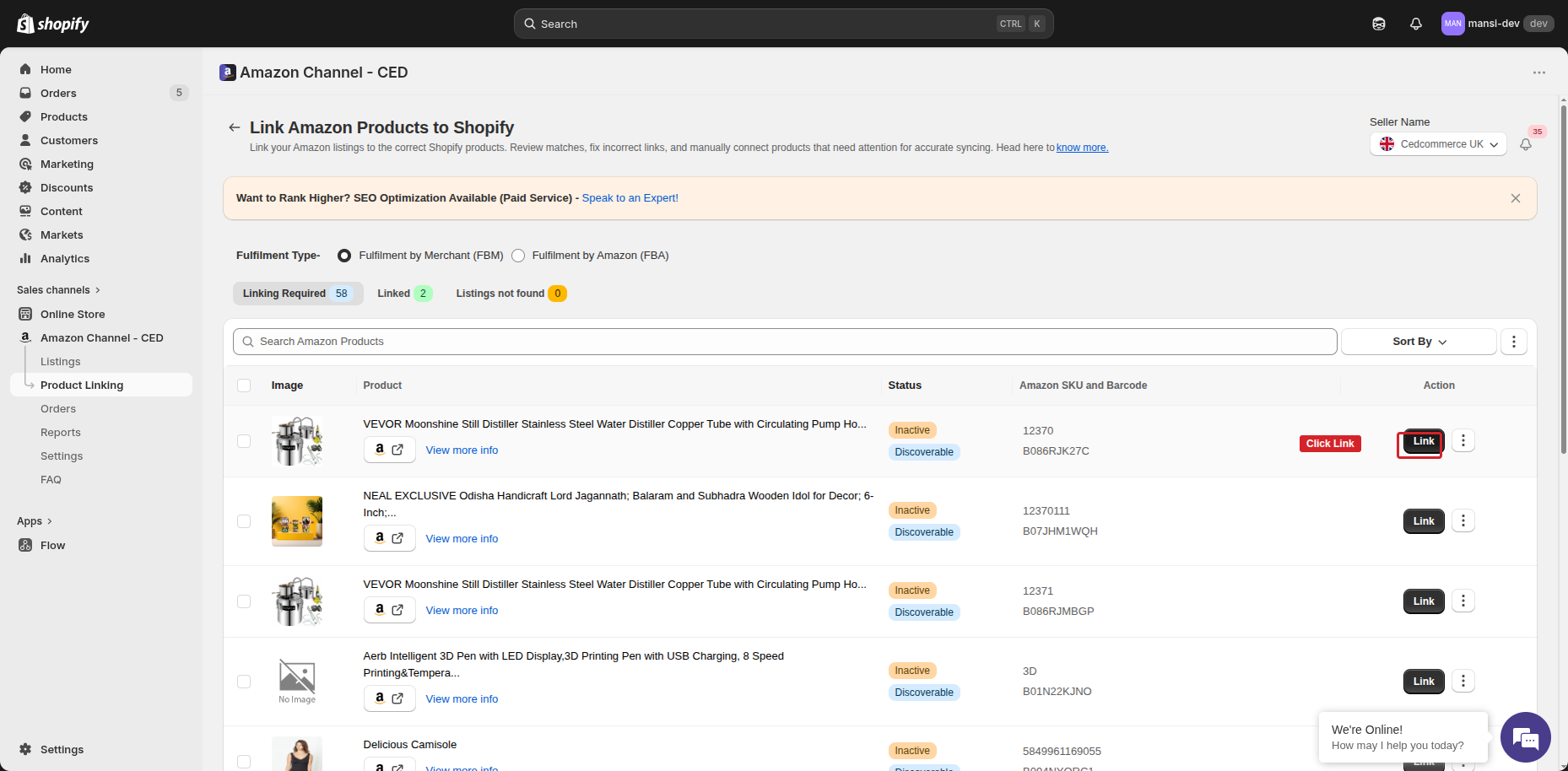 Link button on a Linking Required row