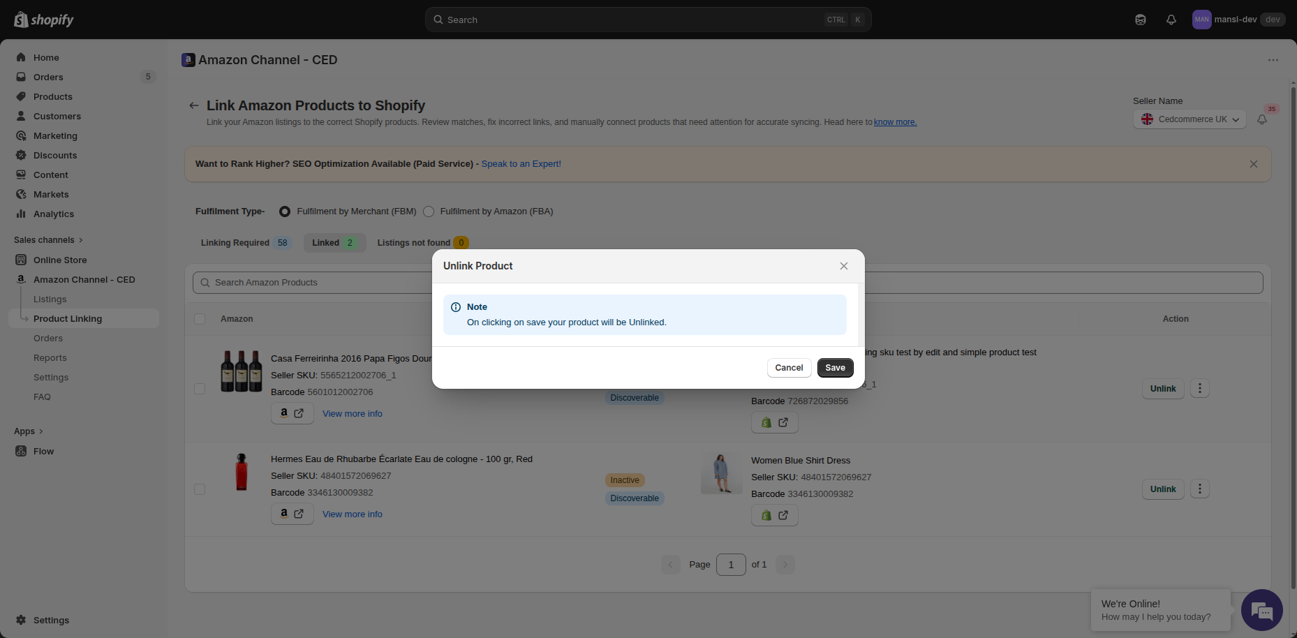 Unlink Product confirmation dialog