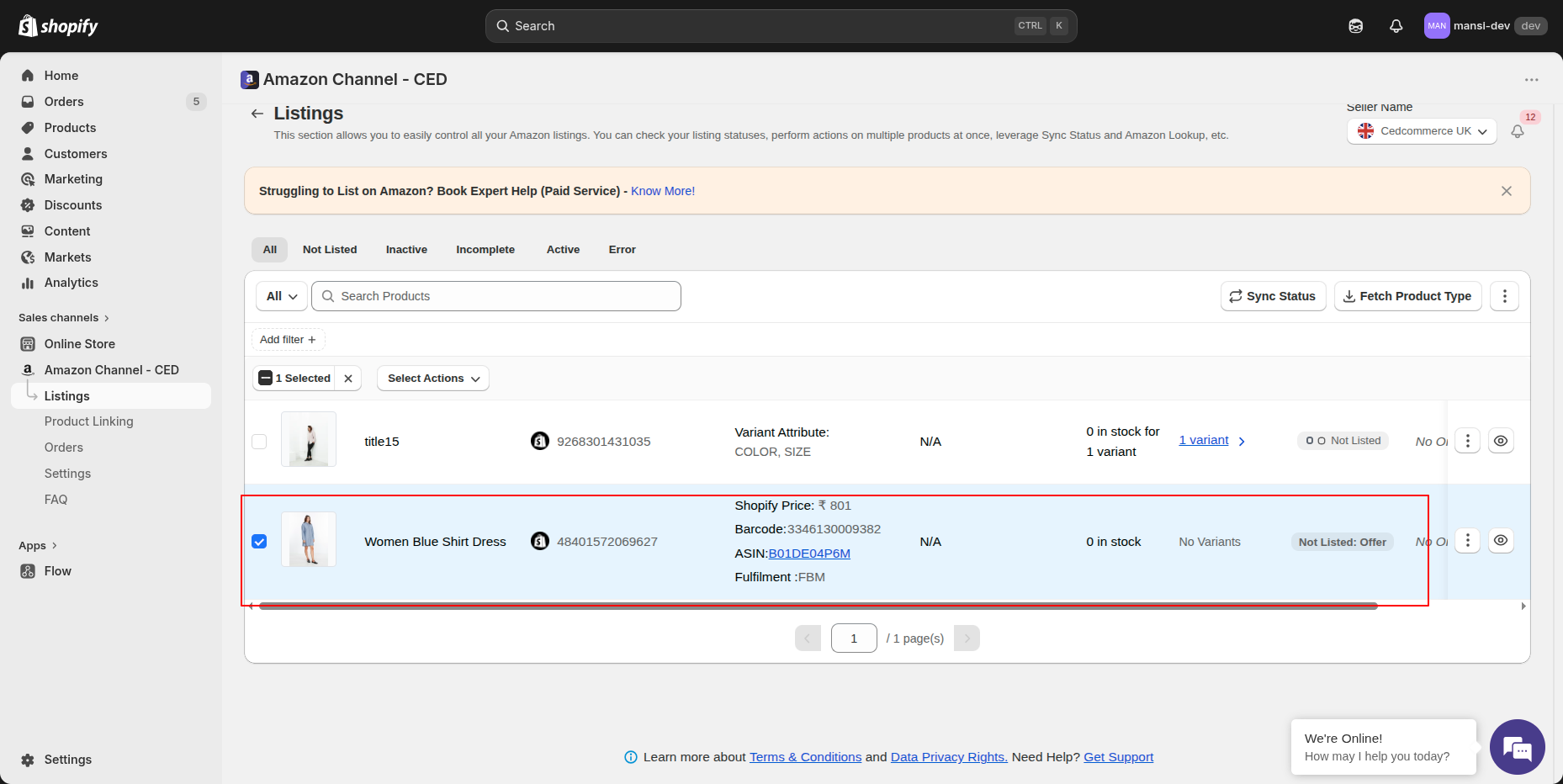 Select Actions dropdown showing Amazon Lookup option
