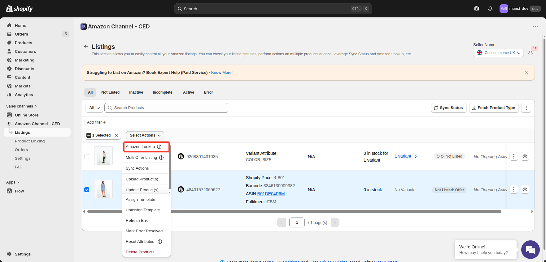 Select Actions dropdown showing Multi Offer Listing option