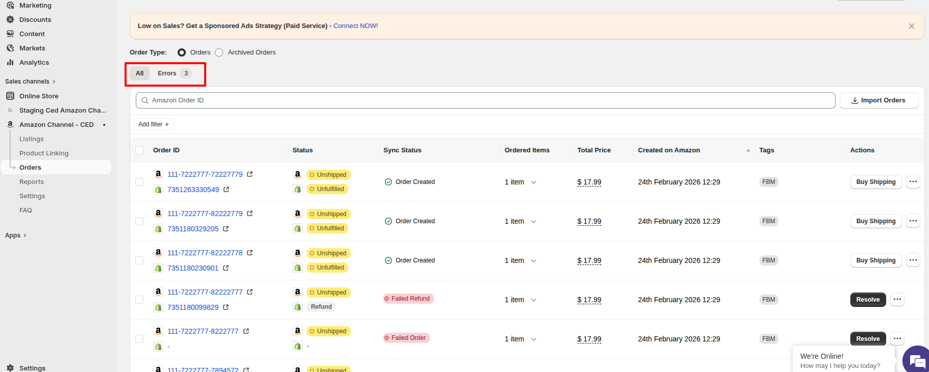 Orders panel with All and Errors tabs