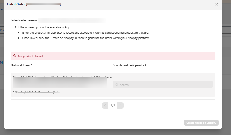 Failed Order dialog showing No products found in a red banner