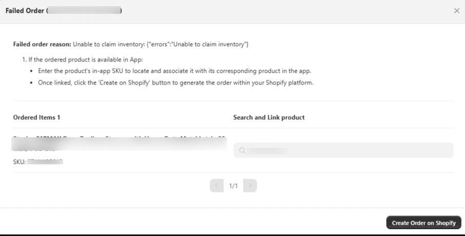 Failed Order dialog showing 'Unable to claim inventory' as the failure reason
