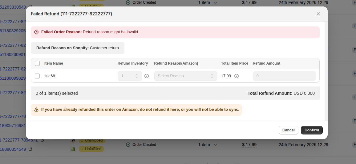 Failed Refund dialog showing Refund Inventory, Refund Reason (Amazon), and Refund Amount fields