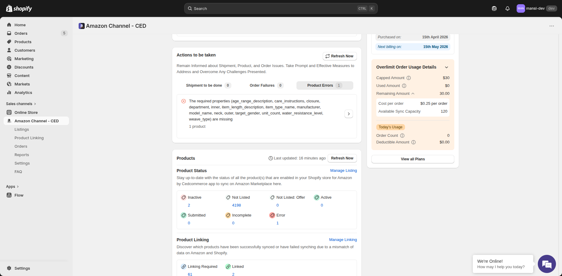 Actions to be taken card with Shipment to be done, Order Failures, and Product Errors tabs