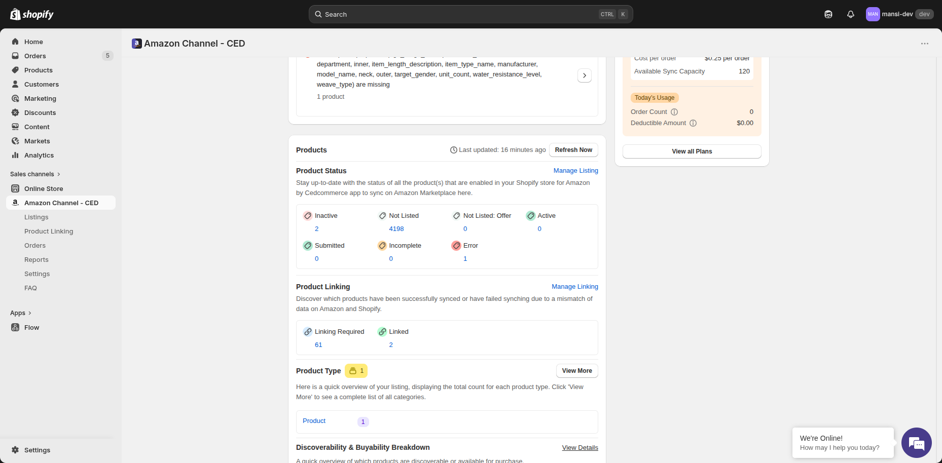 Product Status sub-card with Inactive, Not Listed, Active, Submitted, Incomplete, and Error counts