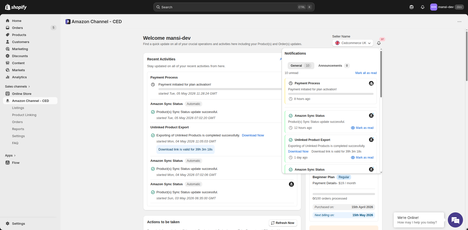 Notifications panel opened from the bell icon, showing General and Announcements tabs